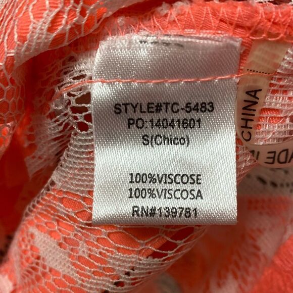 TEA & cup boho coral and lace inset ruffled scoop neck sleeveless mini dress - Picture 5 of 6